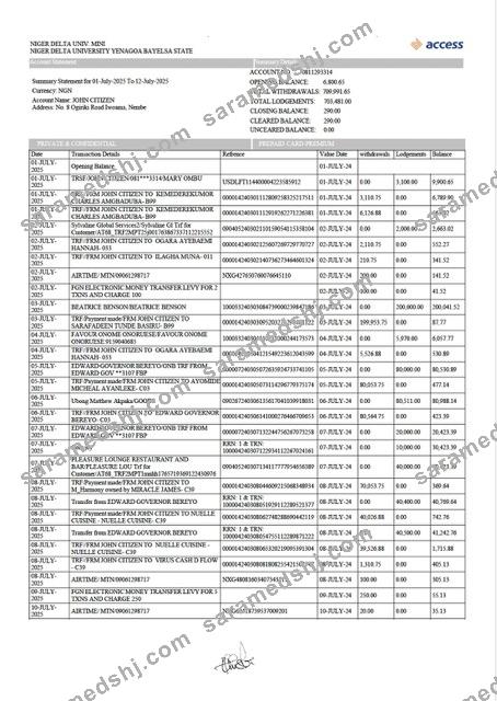 Nigeria Access Bank account statement Word and PDF template